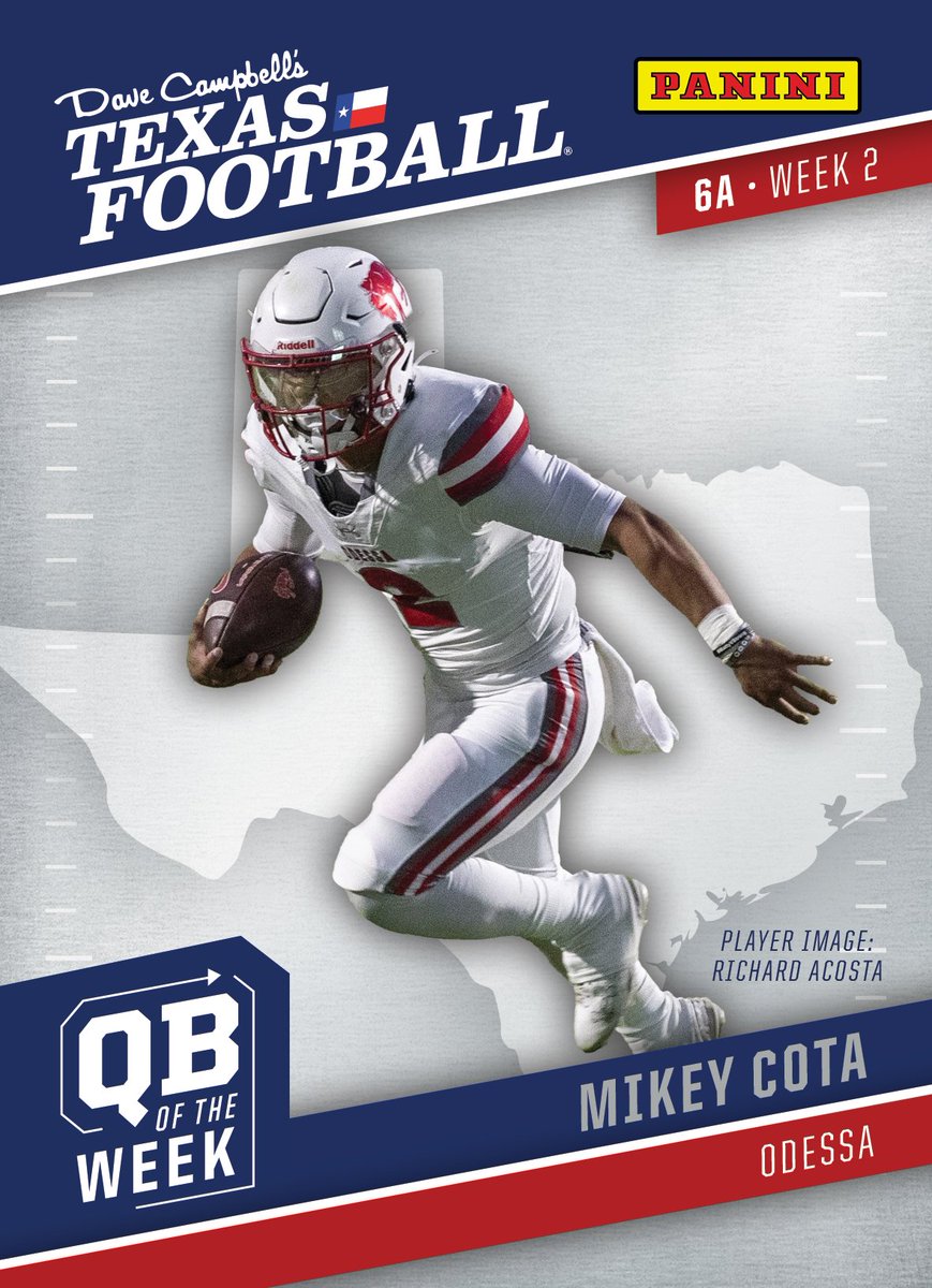 Introducing our Week 2 #TXHSFB 6A Quarterback of the Week presented by <a href="/PaniniAmerica/">Panini America</a>: Mikey Cota from <a href="/OHSBronchoFB/">OHS Football</a>!

<a href="/cota_mikey/">mikeycota2</a> | <a href="/ECISDAthletics/">EctorCountyISDAthletics</a> | <a href="/BigRedBronchos/">Odessa High School</a> | #dctf #whodoyoucollect 

📸: Richard Acosta