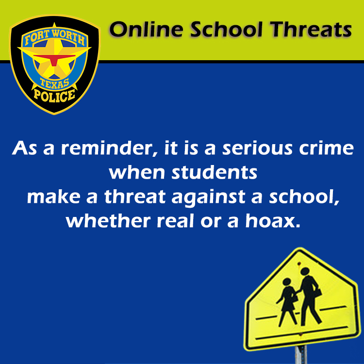 We are aware of the community's concerns regarding the increasing number of threats being posted on social media. As a reminder, it is a serious crime when students make a threat against a school, whether real or a hoax. We take threats seriously when it comes to our school aged