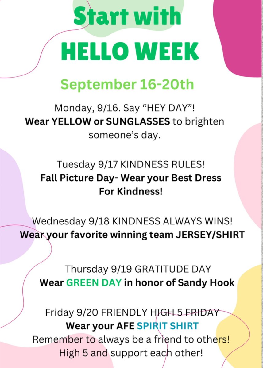 Arizona Fleming ES (@afe_stars) on Twitter photo Hello Week isย a national program that aims to create a sense of belonging. It fosters inclusivety and combats isolation. AFE will acknowledge Hello Week next week, September 16th - 20th. ๐
#StartwithHelloWeek
<a href="/PrincipalSYoung/">SheNee Young Baker</a> <a href="/Drlewis08/">Dontee Lewis</a> Hello Week isย a national program that aims to create a sense of belonging. It fosters inclusivety and combats isolation. AFE will acknowledge Hello Week next week, September 16th - 20th. ๐
#StartwithHelloWeek
<a href="/PrincipalSYoung/">SheNee Young Baker</a> <a href="/Drlewis08/">Dontee Lewis</a>