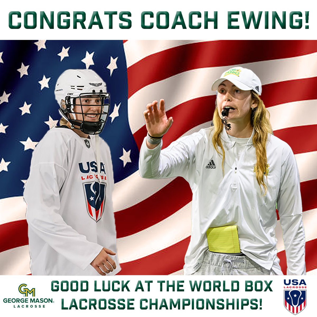 Congrats Coach Ewing on being named to the inaugural U.S. women’s box lacrosse team!

Coach Ewing and Team USA will compete at the World Lacrosse Box Championships in Utica, N.Y., Sept. 20-29. Read more at GoMason.com. 

#AIMBIG #patriotspavetheway🔰💫