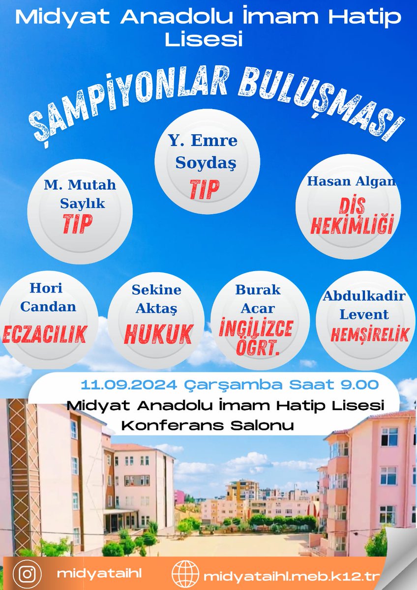 midyataihl's tweet photo. Mezun öğrencilerimiz ve son sınıf öğrencilerimiz ile tecrübe aktarımı semineri düzenlenerek "Şampiyonlar Buluşması" gerçekleştirilmiştir.
@tcmeb
@Yusuf__Tekin
@meb_dinogretimi 
@mardinilmem 
@midyatkaymakam
@midyatilcemem https://t.co/v52AOHnWm5