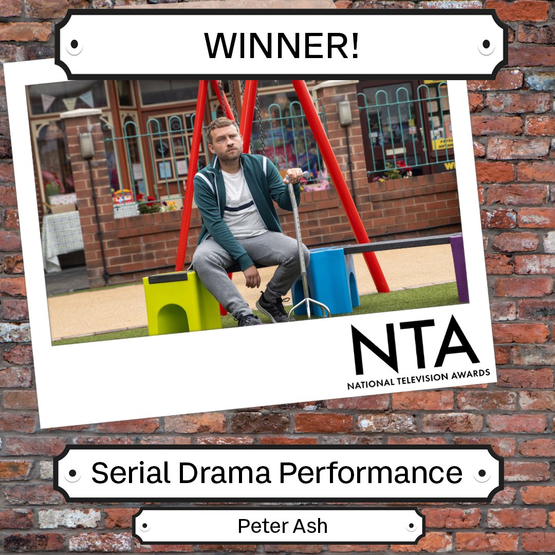 He’s done it! Peter Ash is your winner for Serial Drama Performance! 👏 

What an emotional rollercoaster we’ve been on this week, from Paul’s death to Peter’s win 🎉  

#Corrie @itv @officialntas