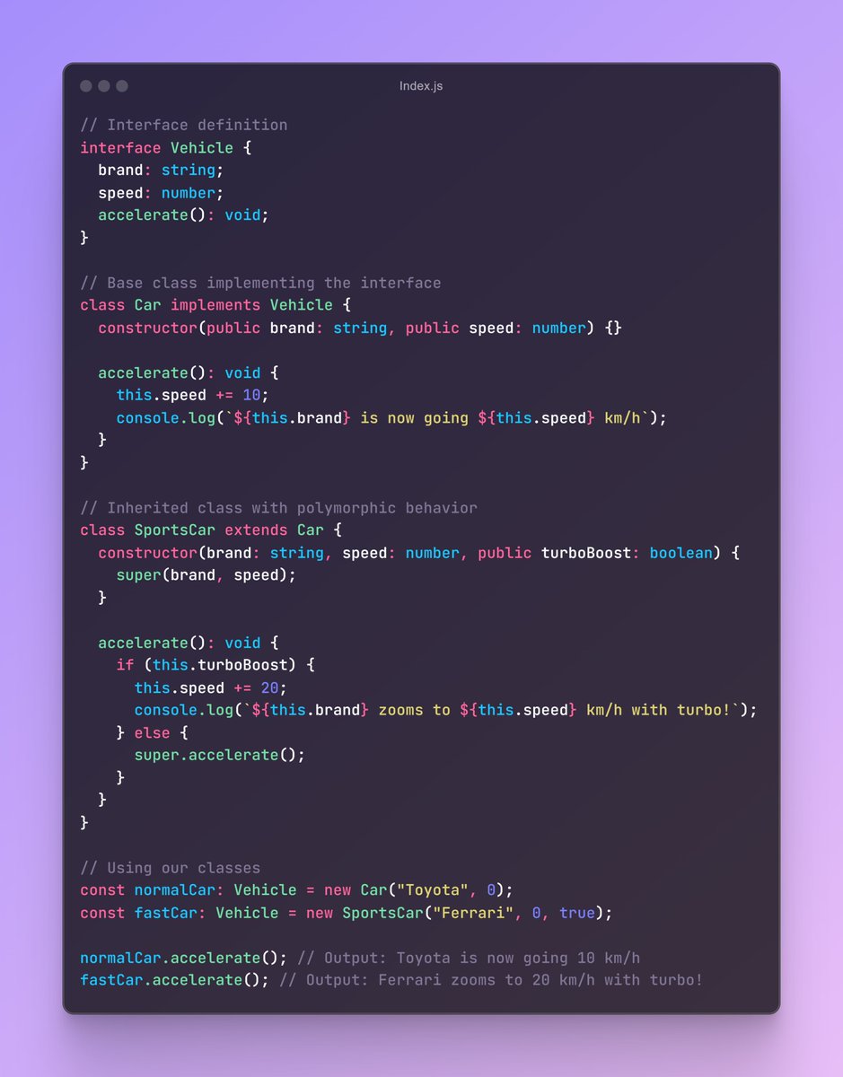 devqing_'s tweet image. 🏗️ Day 2 of #30DaysOfTypeScript: Leveling up with Interfaces & Classes! 🚀
- Custom types 🛠️
- Inheritance 👨👧👦
- Polymorphism 🦎➡️🦎➡️🦎
Building stronger, more flexible code! 💪
#30daysofcode #TypeScript #buildinginpublic