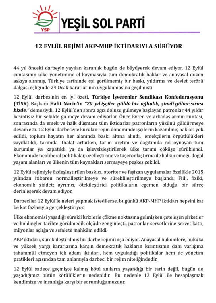 📢12 EYLÜL REJİMİ AKP-MHP İKTİDARIYLA SÜRÜYOR! 

🚩#12Eylül sadece geçmişte kalmış kötü anıların yaşandığı bir tarih değil, bugün de yaşadığımız bütün kötülüklerin nedenidir.  Bu nedenle 12 Eylül ile hesaplaşmak kendimize ve insanlığa karşı bir sorumluğumuzdur.✊