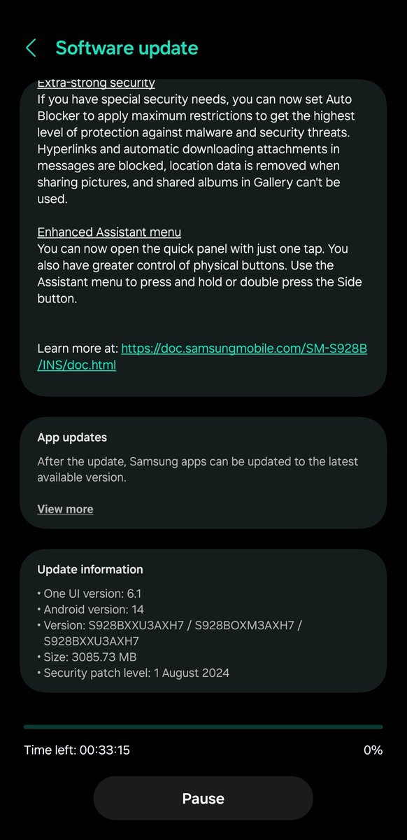 The much anticipated update is here for #GalaxyS24Ultra a hefty 3gb 
6.1.1 <a href="/SamMobiles/">SamMobile - Samsung news!</a> <a href="/SamsungNewsIN/">SamsungNewsroomIN</a>