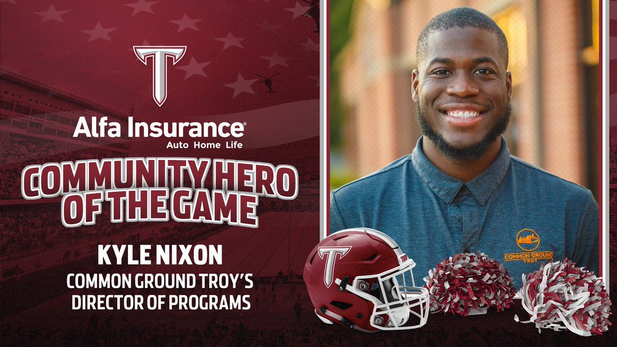 TroyAthletics's tweet photo. Congratulations to Kyle Nixon who was the Community Hero of the Game for the home opener!

Fans, if you know of a community hero that we should recognize at the next home game, nominate them at https://t.co/l9q5i2UWBV.

#OneTROY⚔️🏈 https://t.co/ad5dolu3oP