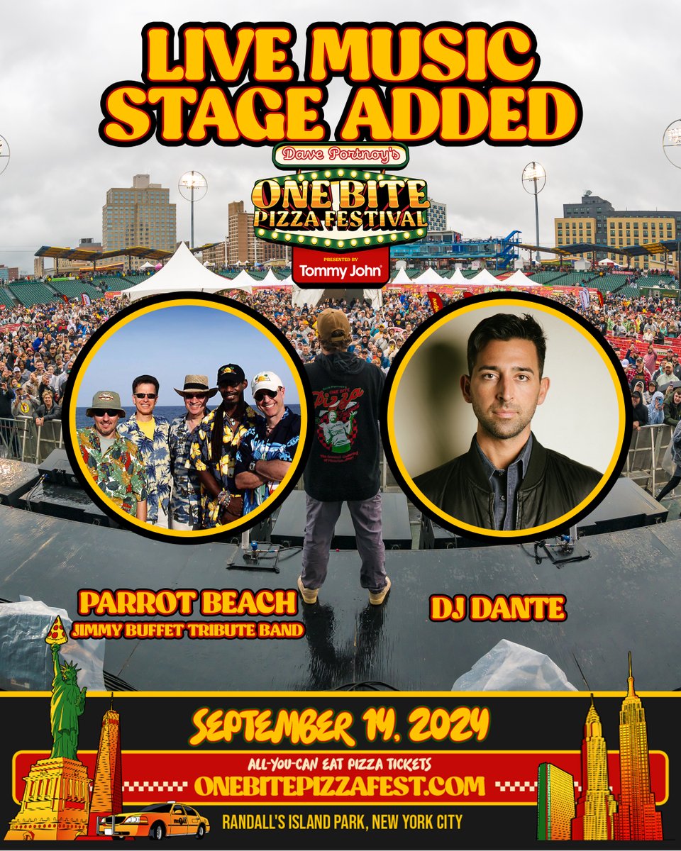 OneBiteFest's tweet photo. JUST ANNOUNCED: Parrot Beach and DJ Dante will headline the One Bite Pizza Festival stage with performances during both sessions!

🎟️ Afternoon Session is SOLD OUT. Limited Evening Session Tickets remain. Buy now at https://t.co/Oy69EWK8ec. https://t.co/O6IhNzNi41