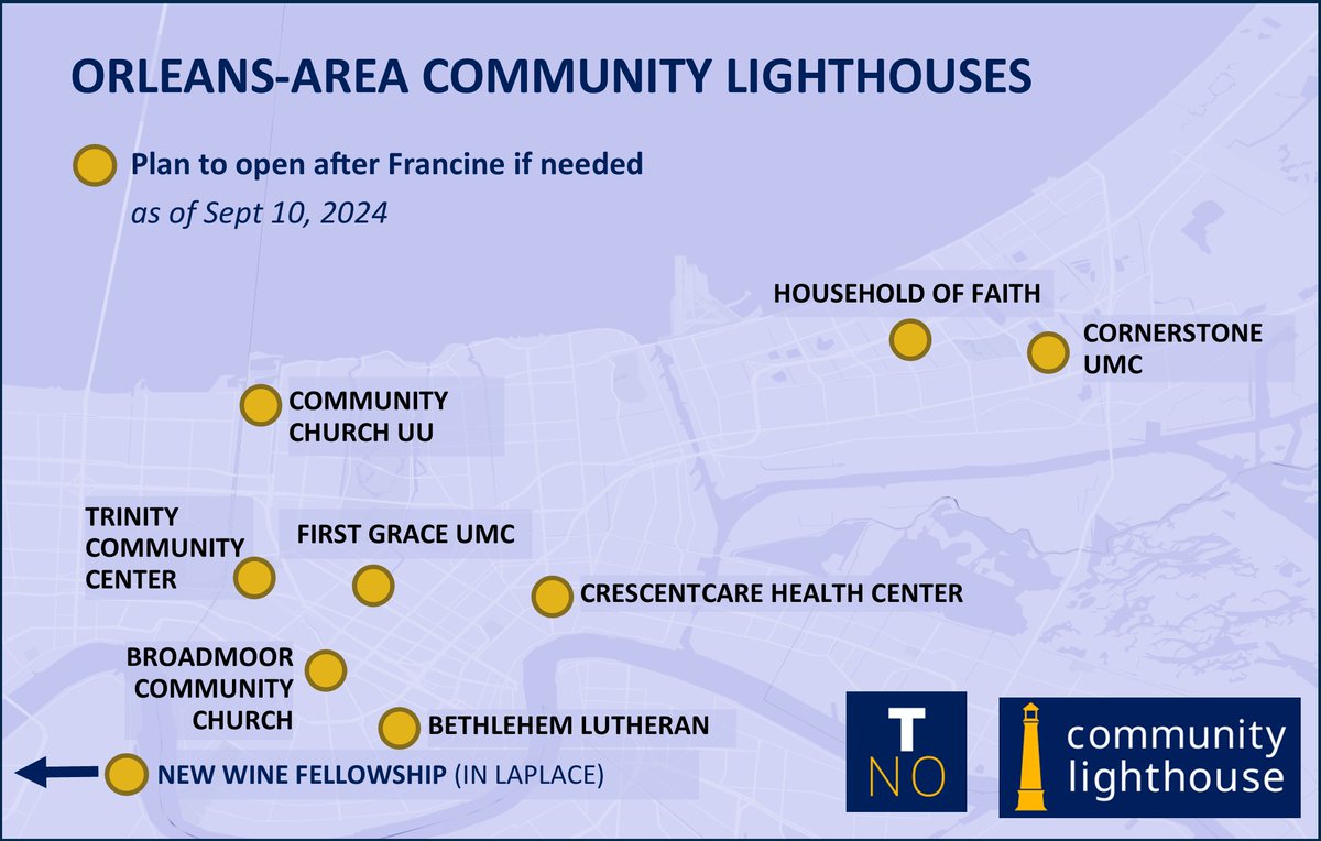 As Hurricane Francine makes landfall in Southeast Louisiana, 10 Community Lighthouses -- 9 in New Orleans, 1 in LaPlace -- are prepared to open if there's a sustained power outage.

Community Lighthouses are community facilities outfitted with solar and battery-storage