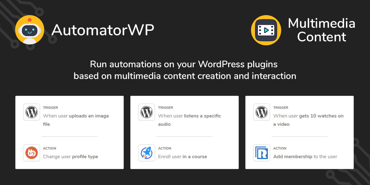 AutomatorWP's tweet image. Our Multimedia Content add-on lets run #NoCode #automations to your #WordPress users like:
- Uploads an image &amp;gt; Add to @BuddyBossWP group
- Listens an audio &amp;gt; Enroll in a @lifterlms course
- Gets a watch on a video &amp;gt; Add @rcpwp membership
More info: 👇
automatorwp.com/add-ons/multim…