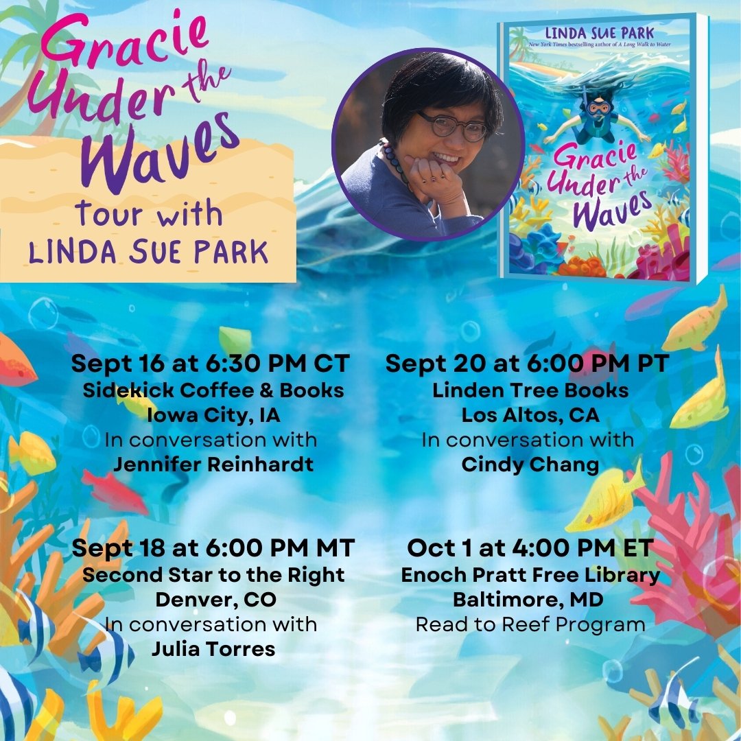 Allida (@allidabooks) on Twitter photo Announcing @LindaSuePark's GRACIE UNDER THE WAVES tour dates! Linda Sue will be in conversation with Jennifer Reinhardt, Julia Torres, and Cindy Chang. Save the date for her tour stop in your city! <a href="/jblackreinhardt/">Jennifer Black Reinhardt</a> <a href="/juliaerin80/">Julia E. Torres (MAEd., MA, MLIS)</a> <a href="/cindyjchang/">Cindy Chang</a> Announcing @LindaSuePark's GRACIE UNDER THE WAVES tour dates! Linda Sue will be in conversation with Jennifer Reinhardt, Julia Torres, and Cindy Chang. Save the date for her tour stop in your city! <a href="/jblackreinhardt/">Jennifer Black Reinhardt</a> <a href="/juliaerin80/">Julia E. Torres (MAEd., MA, MLIS)</a> <a href="/cindyjchang/">Cindy Chang</a>