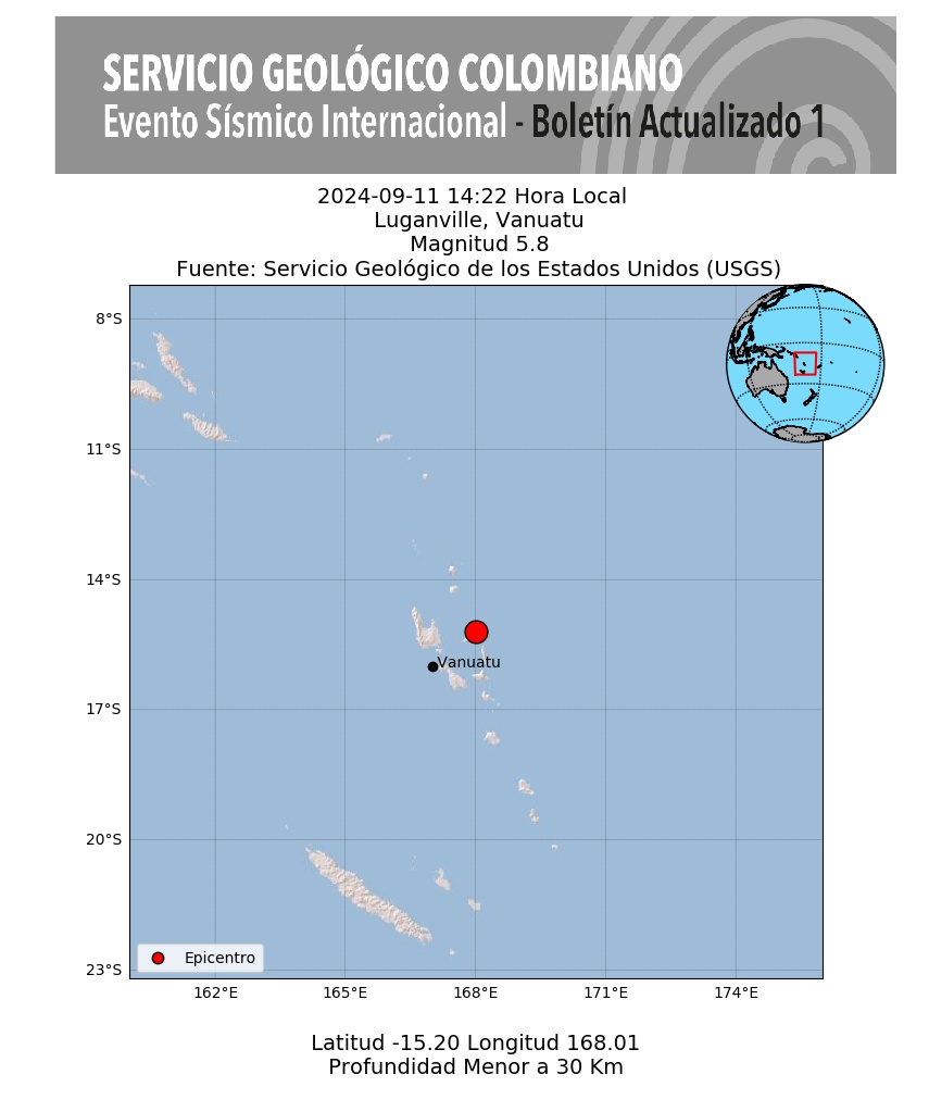 sgcol's tweet photo. #SismosColombiaSGC Evento Sísmico Internacional - Boletín Actualizado 1, 2024-09-11, 14:22 hora local. Magnitud 5.8, Profundidad superficial,  Luganville, Vanuatu #NoticiaEnDesarrollo #Temblor #Sismo Más información: https://t.co/h4VVP0556L https://t.co/1mSRFXDerW