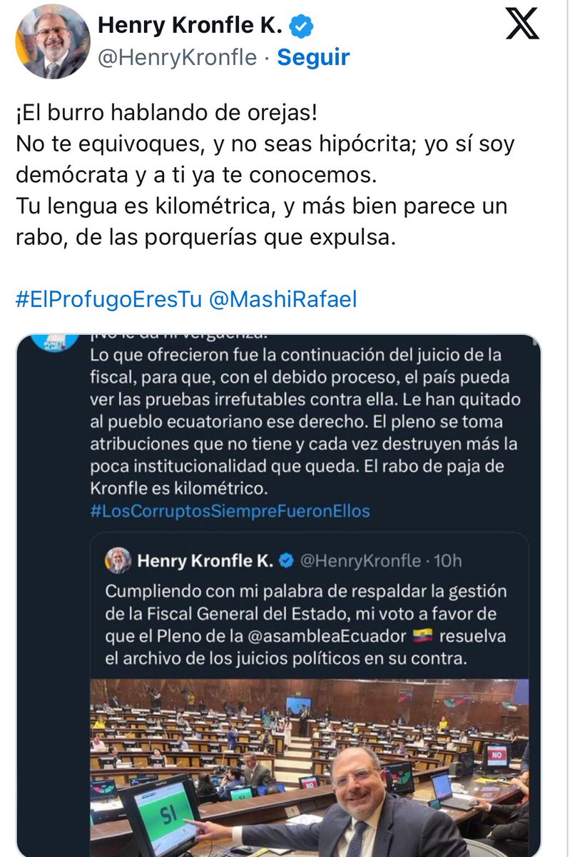CadenaSeCom's tweet image. 📍🇪🇨 | Cruce de insultos entre Henry #Kronfle y #RafaelCorrea en redes sociales por el juicio político a #DianaSalazar #Ecuador