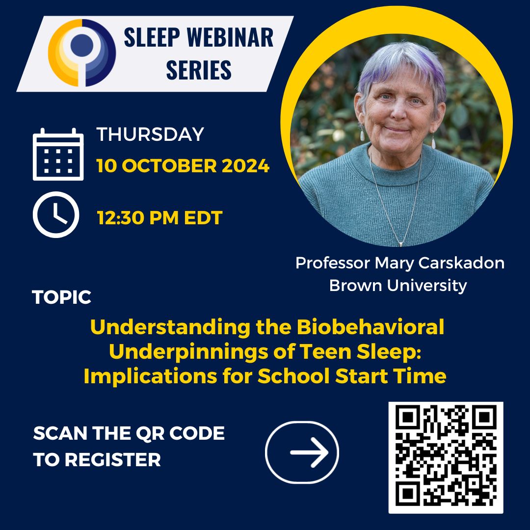 The Consortium is excited to announce a FREE webinar with Professor Mary Carskadon on teen sleep and the implications for school start time. Join us on Thursday, October 10th! Register at researchsleep.ca/workshops-webi…
or scan the QR code below.