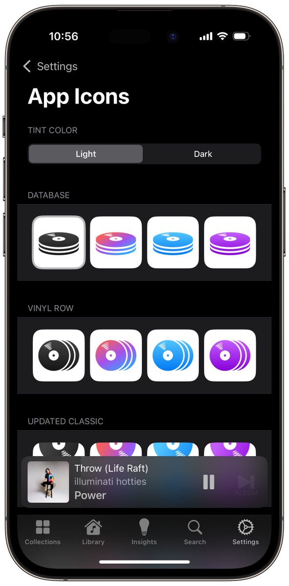How about a thread of some of the new stuff in Albums 6.0, available on the App Store AS WE SPEAK?

First -- a new icon! Actually, 16 of them. Actually... 48 of them counting the light, dark, and tintable variations. I cannot tell you how much I love the vinyl database icon.