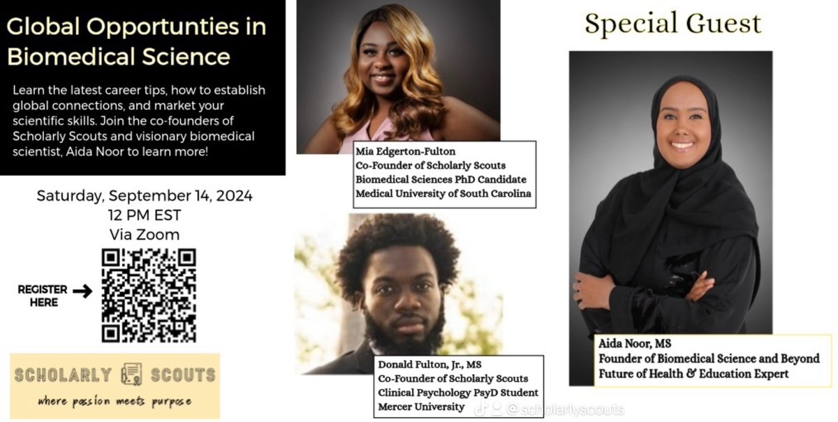 Join <a href="/ScholarlyScouts/">Scholarly Scouts™️</a> to learn how to pursue global opportunities in biomedical science. We are ready to bring the latest career tips that can help our scholars navigate biomed careers.

Sign up here: form.jotform.com/Edgerton_Mia/b…

#Biomed #networking #careertips #ScholarlyScouts