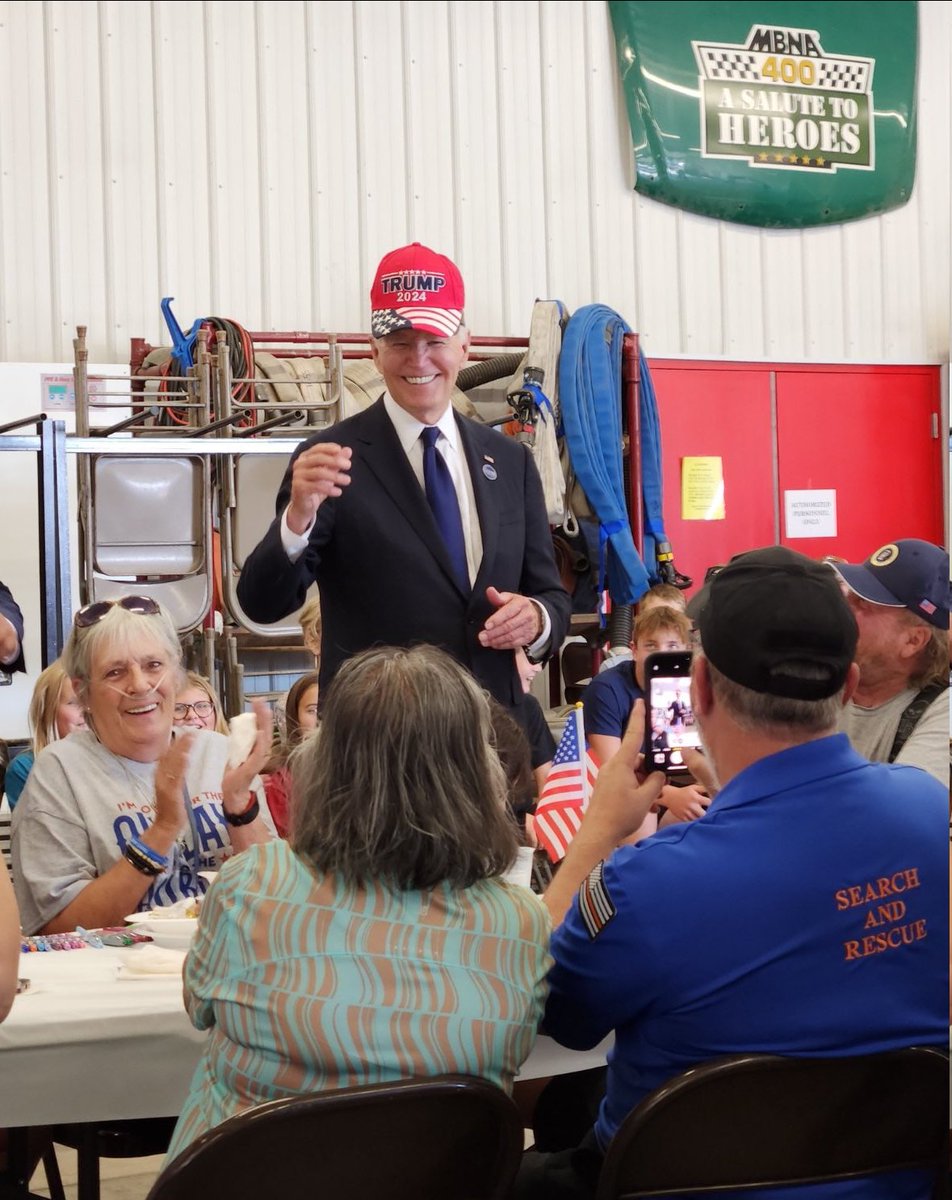 NEW - Firefighters in Shanksville, Pennsylvania convince Biden to wear a Trump 2024 hat.
