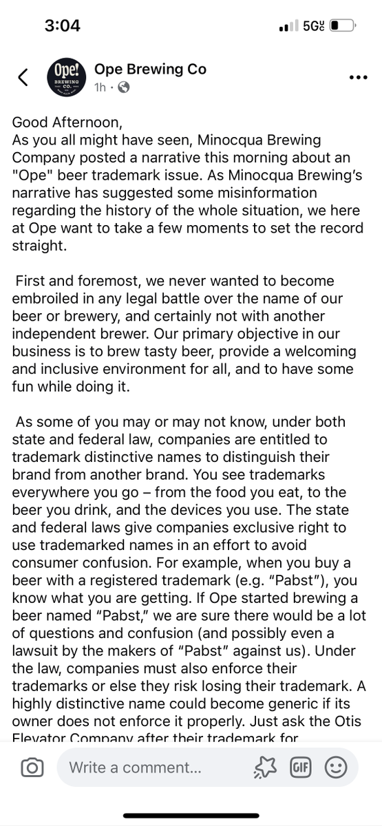 WIbeerbaron's tweet photo. Ope sorry not sorry! @OpeBrewingCo has sued Minocqua Brewing Co. over it's OPE beer "honoring" Tim Walz. Ope's take here, Minocqua's threaded below. #wibeer https://t.co/lt8CeXT9rP