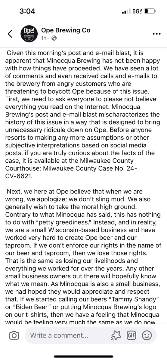 WIbeerbaron's tweet photo. Ope sorry not sorry! @OpeBrewingCo has sued Minocqua Brewing Co. over it's OPE beer "honoring" Tim Walz. Ope's take here, Minocqua's threaded below. #wibeer https://t.co/lt8CeXT9rP
