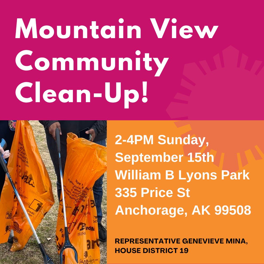 Russian Jack Community Council meets TONIGHT at 6:30PM at the Zion Lutheran Church (2100 Bonifance Parkway)

On Sunday my office is hosting a Mountain View Community Clean-Up. Meet at William B Lyons Park @ 2PM - gloves, trash grabbers &amp; trash bags will be available! #akleg