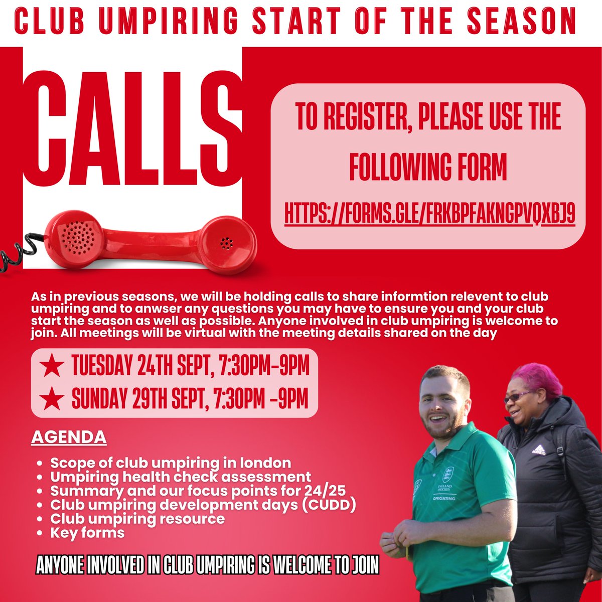 🚨 CLUB UMPIRING SEASON KICK-OFF CALL ☎️ Are you ready to start the season strong? Join one of our upcoming virtual calls to get all the latest info and resources on club umpiring! Register now via forms.gle/fRkbpfAKnGpVqX…

#ClubUmpiring #newhockeyseason #londonofficiating