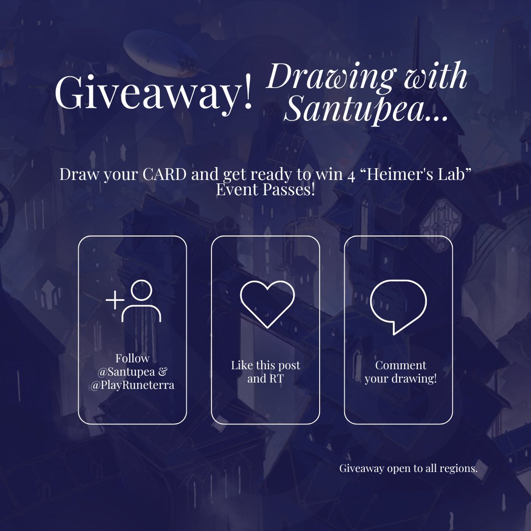 GIVEAWAY!

💰 4 "Heimer's Lab" EVENT PASSES

To participate:

✅ Create and leave in comments a #LoR card telling why you think that card is needed in a region.
✅ Follow <a href="/PlayRuneterra/">Legends of Runeterra</a> &amp; <a href="/Santupea/">Santupea</a> / Like &amp; RT

🗓️ Ends Sep 25
🌐 Open to all regions

#LegendsOfRuneterra