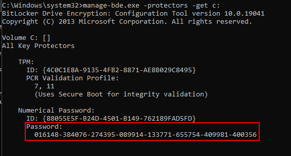 0gtweet's tweet photo. A very friendly reminder, especially for non-corporate PCs protected with BitLocker: if you are not sure if you have your Recovery Password handy, you can display it any moment with "manage-bde -protectors -get c:"
Store the password in your password manager and make its backup! https://t.co/S5KTz4MPv3