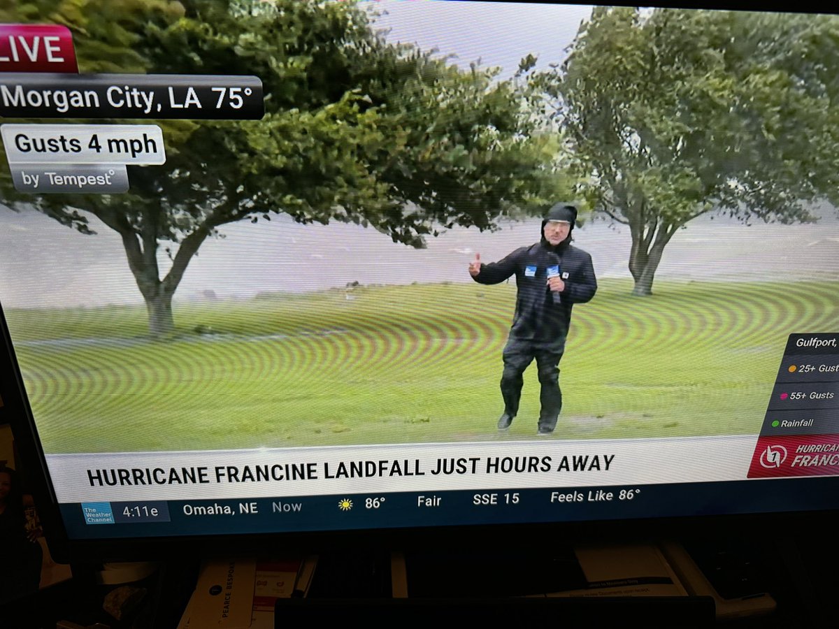 MK_Adams's tweet photo. Forget computer simulated storm trackers.  Just tell me where @JimCantore is … that’s where the hurricane will come ashore.  

Be safe Morgan City.  

#HurricaneFrancine @weatherchannel https://t.co/e1v2jGyrDF