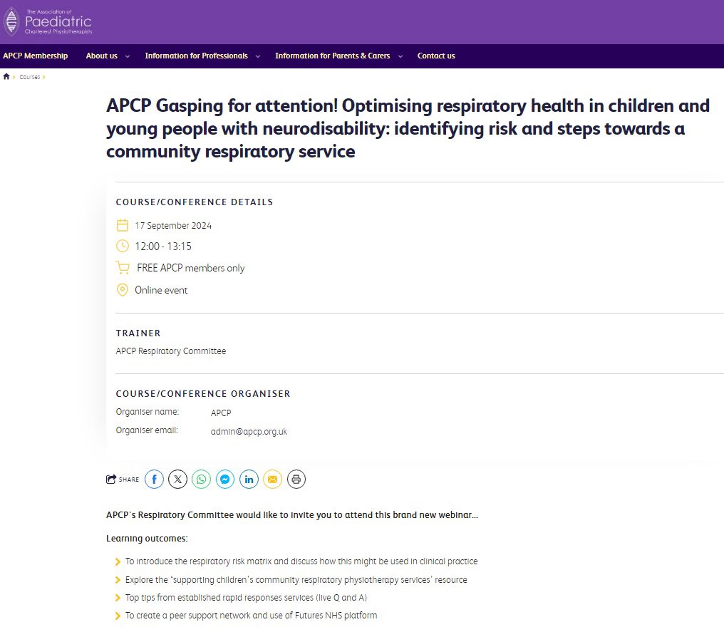 📣 Join us next Tuesday to hear about optimising respiratory health for children with #cerebralpalsy and neurodisability 
📣 Free for members of <a href="/TheAPCP/">TheAPCP</a>
Sign up here…
form.jotform.com/241754661045355
