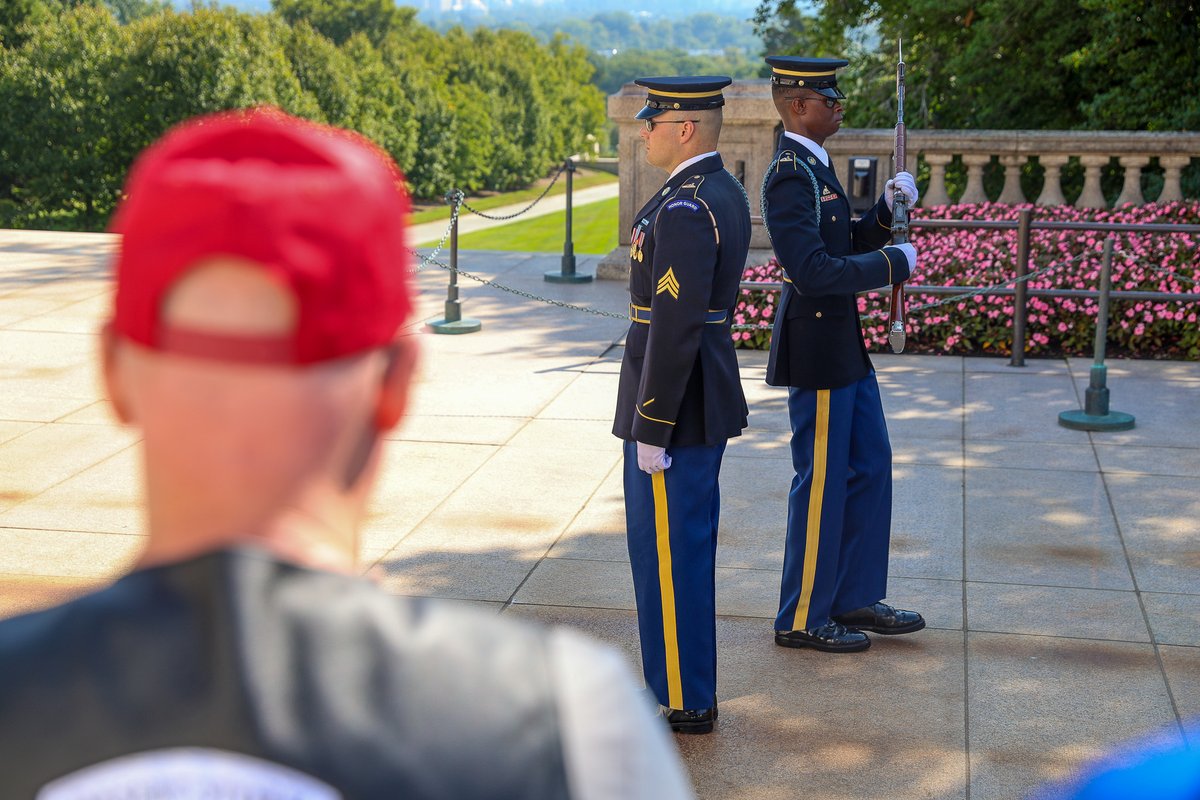 CherokeeNation's tweet photo. It’s 𝐃𝐚𝐲 𝟐 of the Cherokee Warrior Flight. ❤️ The Cherokee Veterans visited @ArlingtonNatl, toured the historic Arlington House, witnessed the changing of the guard at the Tomb of the Unknown Soldier, and had a Q&amp;A session with off-duty guard Jon Radabaugh from Jenks. ✨ https://t.co/UvcMxNxZpR
