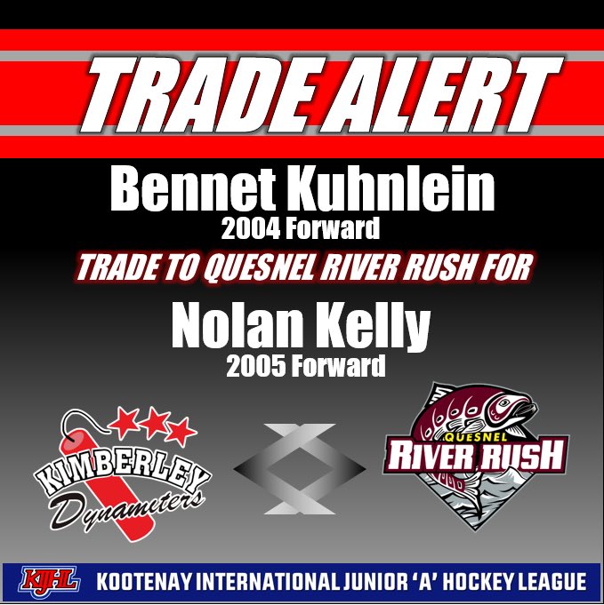 nitroshockey's tweet photo. ↔️ TRADE ALERT ↔️ The Kimberley Dynamyters would like to announce the trade of 2004 Forward Bennet Kuhnlein to Quesnel River Rush for 2005 Forward Nolan Kelly. Thank you for your time with the team Bennet. #dynamiters. #kijhl #bchockey https://t.co/clYPKTPIJ4
