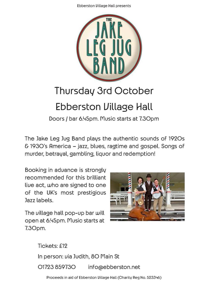We are thrilled that <a href="/JakeLegJug/">TheJake Leg Jug Band</a> are coming to our little village hall on 3 Oct. Advance booking strongly recommended!