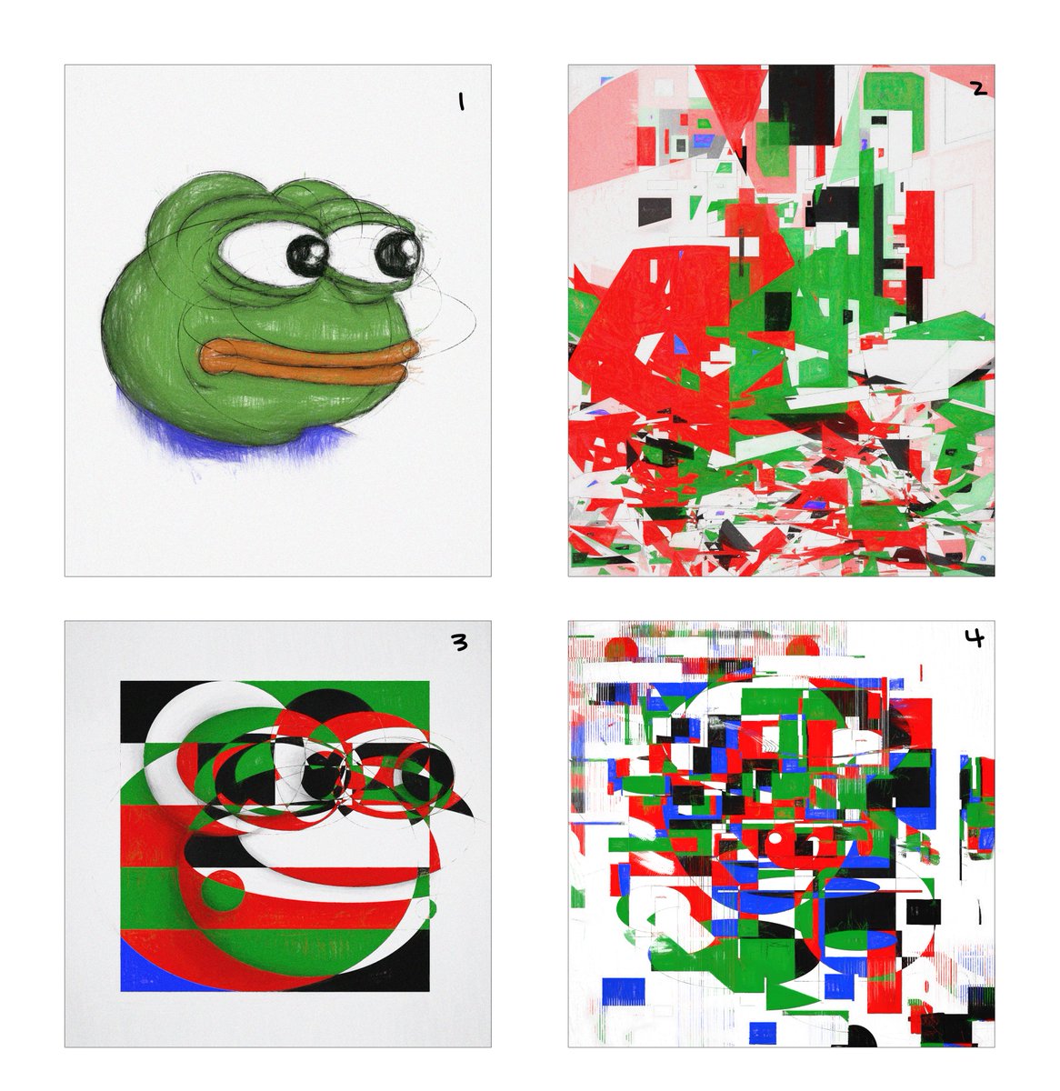 batzdu's tweet photo. Evolution from the original idea/thought re: my most recent work.

Had none of the following steps in mind with #1, I just wanted to draw a pepe following circles/ellipses laid on top of each other. Saw something special in the intersection of that overlap and never looked back. https://t.co/JhNk1GI4t9
