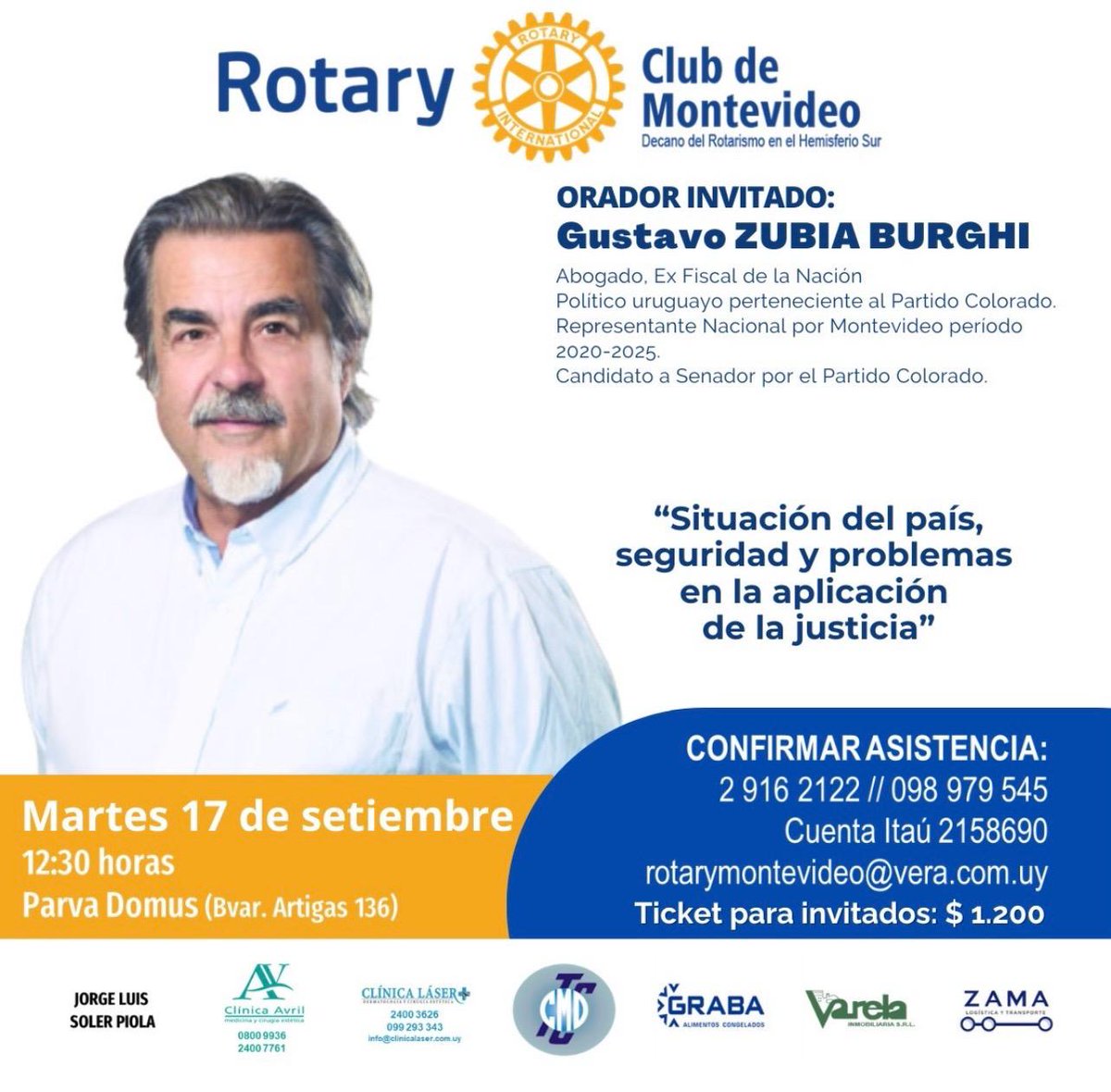 Rotarymvd's tweet image. En el marco de la instancia electoral próxima, desde el partido colorado tendremos la presencia del Dr. Gustavo Zubía.

🗓️Martes 17 de setiembre
⏰12:30 hs
🏡Parva Domus