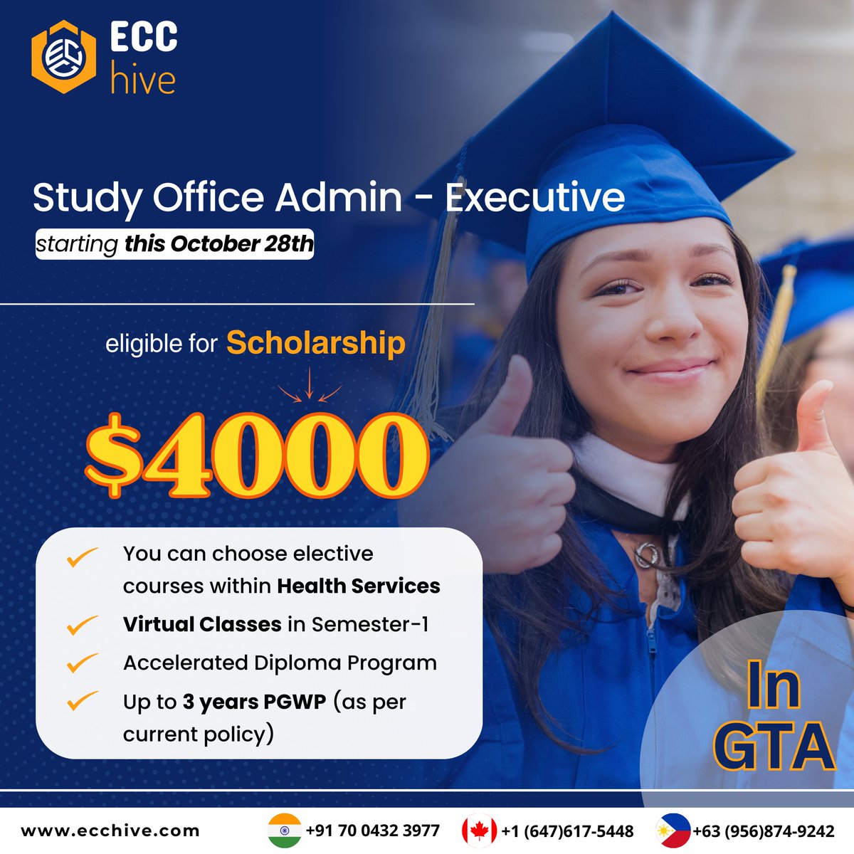 ECC_Hive's tweet photo. 🎓 Study Office Admin - Executive program starting October 28th!

💰 Eligible for a $4000 Scholarship
📚 Virtual Classes in Semester 1
📈 Accelerated Diploma with electives in Health Services
🏅 Up to 3 years PGWP

#ecchive #canada #scholarship #studyabroad #fallintake https://t.co/nUrPwze7qo