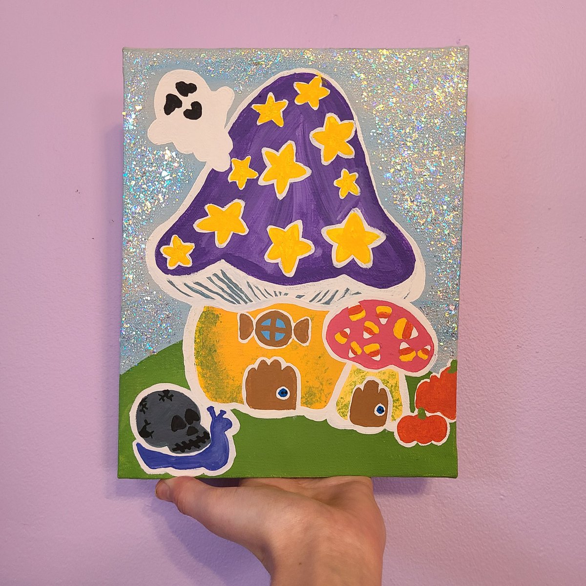 KingZoePLUR's tweet photo. 👻Spooky painting of the day!Inspo :
 I imagined a snail who loves Halloween &amp; decorating his mushy party house. He is getting ready for his friends to come over for a little Halloween dinner party!!🎃
 
Original painting available:
https://t.co/TXQfflufFh https://t.co/xFrIB1tcw5