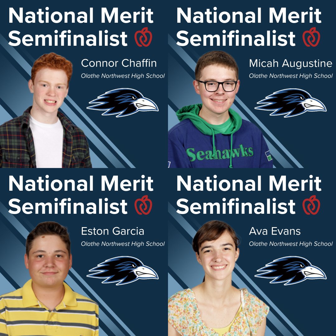 olatheschools's tweet photo. The National Merit Scholarship Corporation has announced the names of approximately 16,000 semifinalists in the 70th annual National Merit Scholarship Program. The Olathe School District has 12 seniors named National Merit Semifinalists.

⚫Olathe Northwest High School: Micah Augustine, Connor Chaffin, Ava Evans, Eston Garcia, Eugenie Kim, Alexander Pannier, Braden Pickard, Elijah Tamano
🟡Olathe South High School: Cody Schwindt
🟠Olathe East High School: Wesley Janssen
🔵Olathe West High School: Aidric Smith, Ethan Wolf

From the approximately 16,000 semifinalists, about 15,000 are expected to advance to the finalist level and in February they will be notified of this designation. These academically talented high school seniors have an opportunity to continue in the competition for some 7,140 National Merit Scholarships worth nearly $28 million that will be offered next spring.

In addition, about 160 colleges and universities are expected to finance some 3,800 college-sponsored merit scholarship awards for finalists who will attend the sponsor institution.