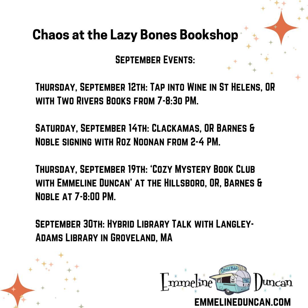 Come hang out with me and talk about books! Here's my September event schedule. You can find more information (and my packed October schedule) on my website!