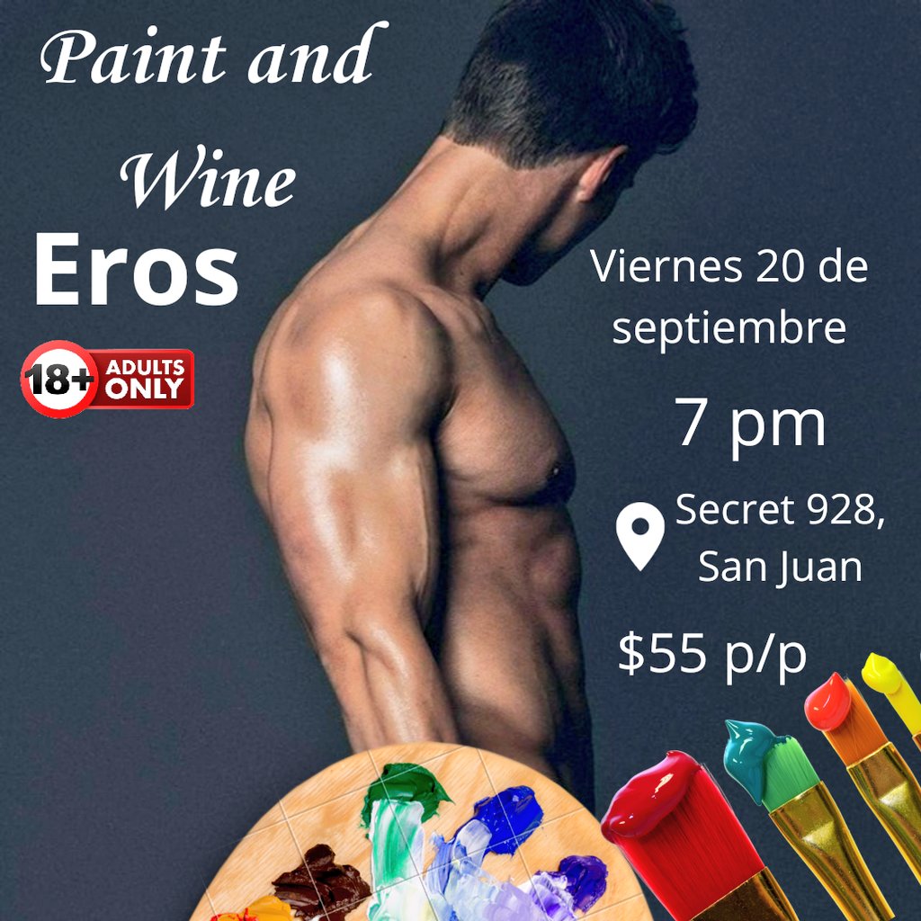 exoticpaint_pr's tweet photo. Se parte de este evento especial en el cual tendrás la oportunidad de pintar a un modelo que estará posando en vivo completamente desnudo. Solo para adultos!

Dale RT para enviarte el enlace para reservar.  Espacios limitados! https://t.co/yH9L92OHZQ