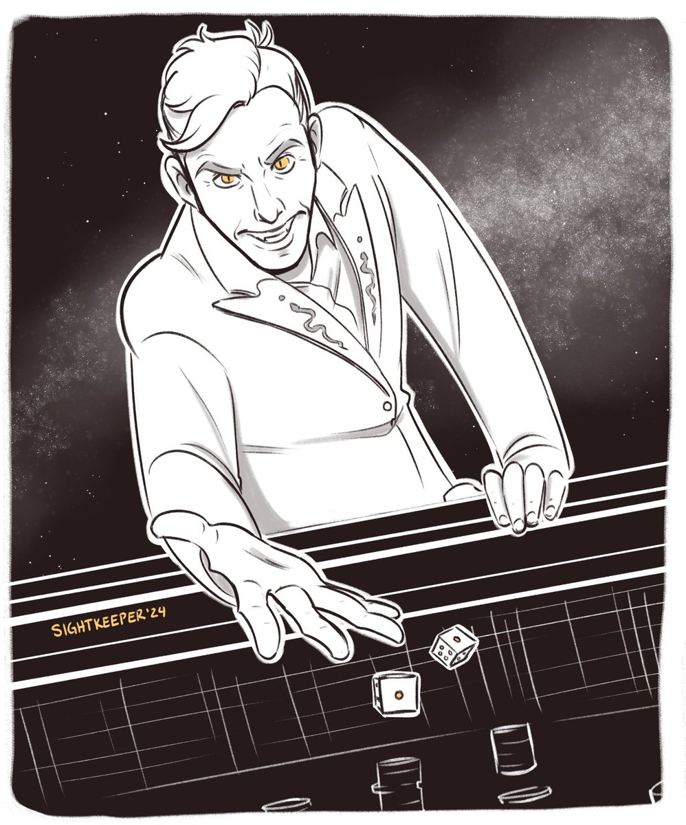 SightKeeper's tweet photo. A request for a patr0n who wanted Crowley as a casino owner! 

I think he knows the stakes, but do you? 😨 | #goodomens #goodomensfanart https://t.co/H9YL7yweLV