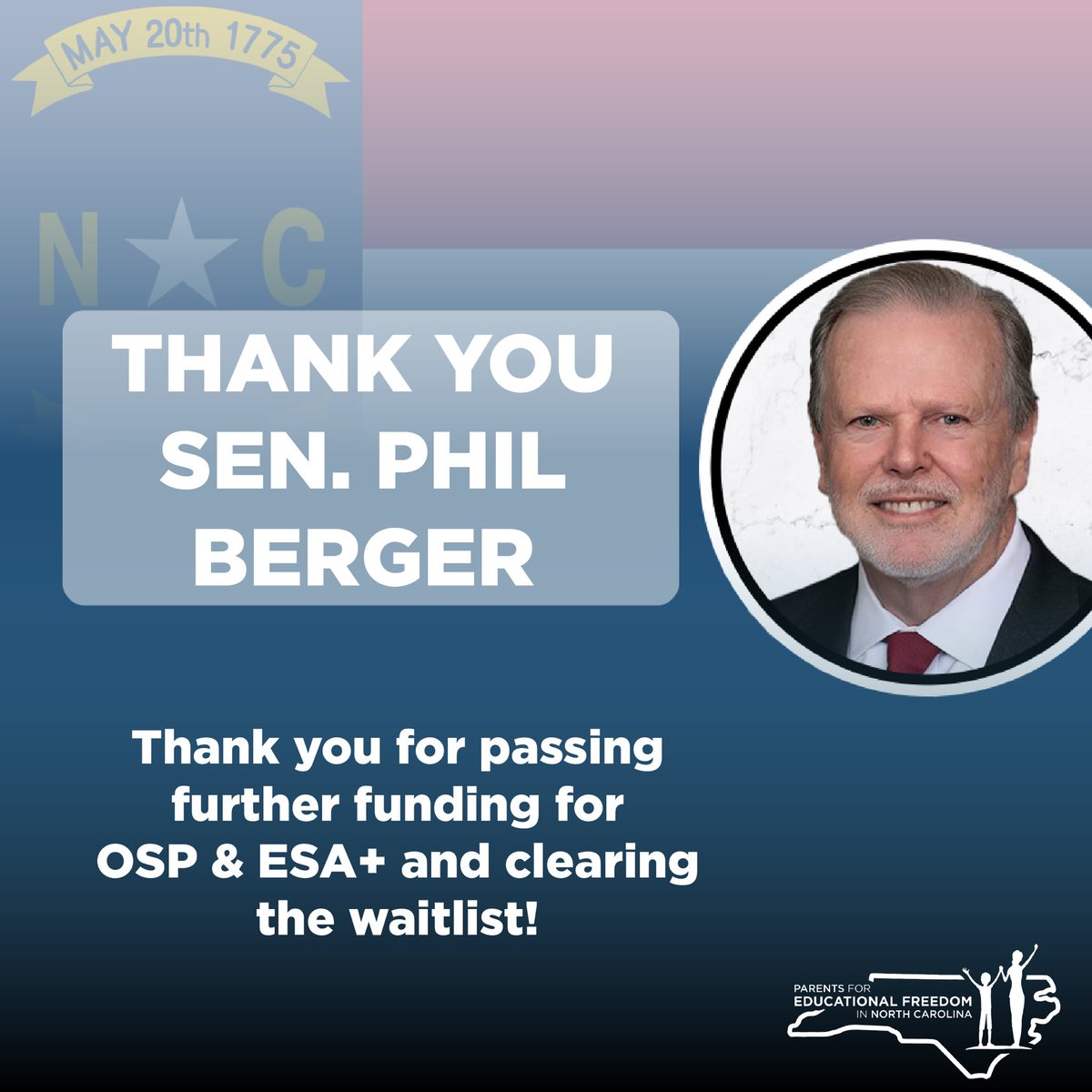 PEFNC's tweet photo. Thank you to leaders in the NC Senate &amp; House for making OSP &amp; ESA+ funding a priority. Thank you @SenatorBerger &amp; @NCHouseSpeaker, along w/ many others who lead the charge like @MichaelLee4NC &amp; @triciacotham. Families &amp; students are grateful. 

Now, let’s get this into law! https://t.co/QhKe0RpKor