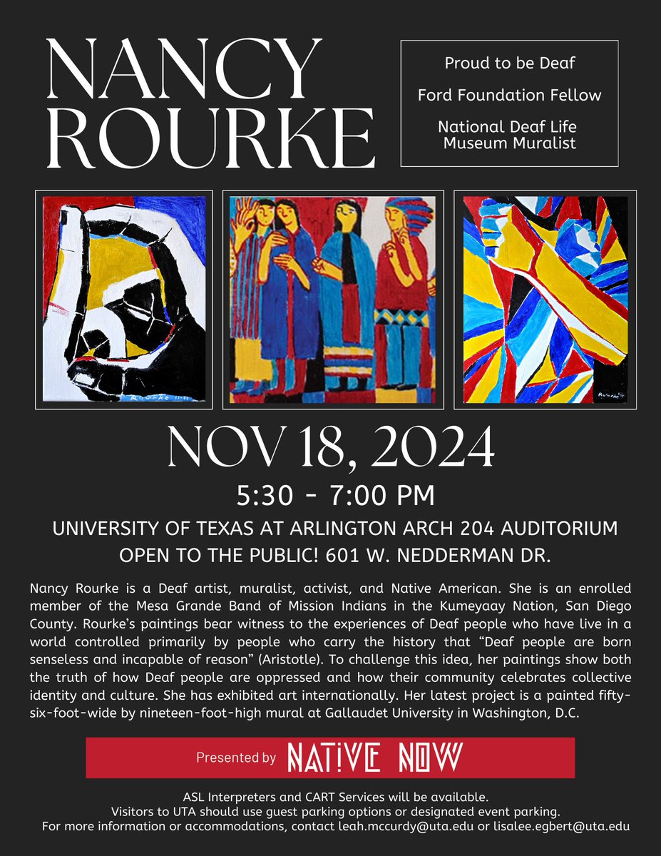 Native Deaf artist and 2024 Ford Foundation Fellow, Nancy Rourke (Mesa Grande Band of Mission Indians. Kumeyaay Nation) will present about her work at UTA. 

Mark your calendar!