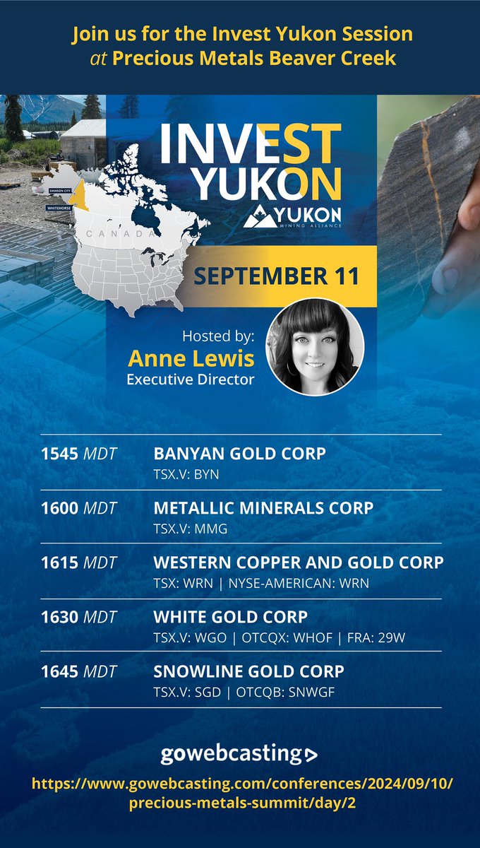 Here we go! #InvestYukon session is now underway 3pm mdt - at Precious Metals Summit <a href="/beavercreekmtn/">Beaver Creek Resort</a> with <a href="/YukonAnne/">Anne Lewis</a> 

Tune in by webcast to hear from <a href="/BanyanGold/">Banyan Gold Corp</a> @MMGSilver <a href="/westernCuandAu/">Western Copper and Gold</a> <a href="/WhiteGoldCorp/">White Gold Corp.</a> <a href="/SnowlineGold/">Snowline Gold Corp.</a> 

gowebcasting.com/conferences/20…