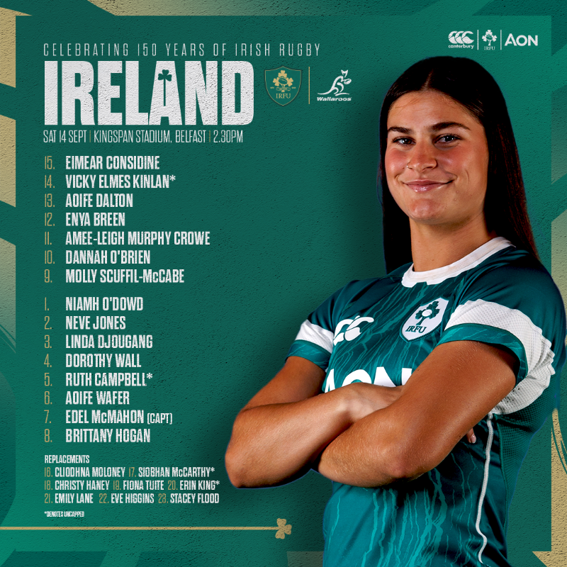 IrishRugby's tweet photo. Introducing the Ireland Match Day Squad for Irish Rugby's 150th Anniversary Test against the Wallaroos in Belfast! 🟢

#IrishRugby