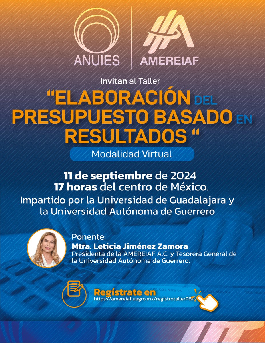 amereiaf's tweet photo. Taller “ELABORACIÓN DEL PRESUPUESTO BASADO EN RESULTADOS “.

Modalidad Virtual

11 de septiembre de 2024 / 17 horas del centro de México.

Regístrate en https://t.co/n5jC5w9iZJ https://t.co/u6YHbIufC1