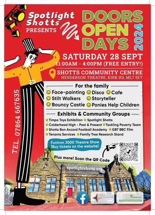 Come along on the 28th September to our <a href="/DoorsOpenDays/">Doors Open Days</a> extravaganza at Shotts Community Centre.
The event is free apart from Ryan and the Funtron 3000 - tickets are £4 or £8 for a family ticket ( 1 adult  &amp; 2 kids) 👉🏼  tickettailor.com/events/spotlig… #whatsonlanarkshire #whatsonforkids