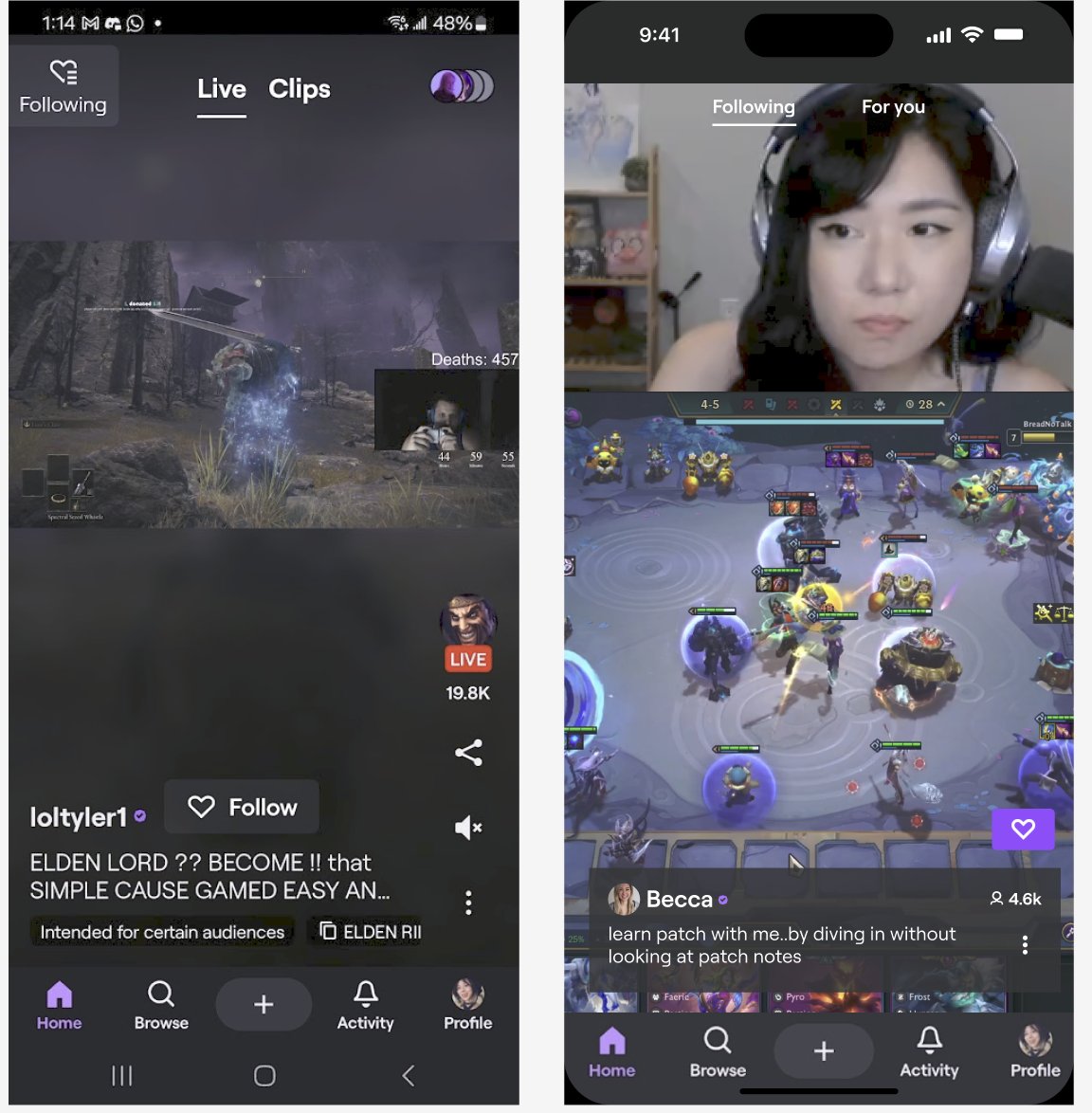 i fixed twitch mobile app
left: current right: redesigned

twitch would have to implement some portrait cropping stream thing though shruge
