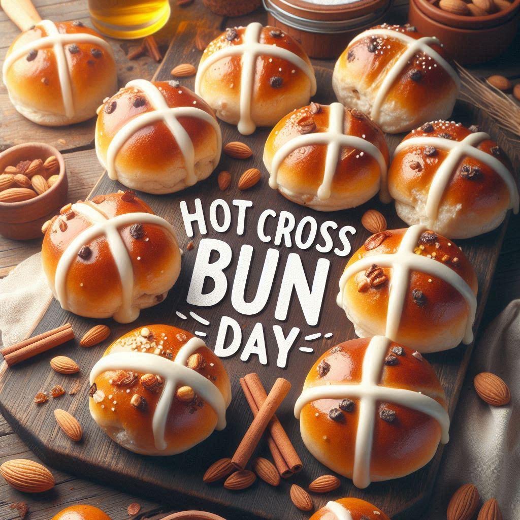 whatz_today's tweet image. Whether you like them fresh out of the oven or toasted with butter, today is the perfect day to indulge in this delicious treat! 🎉 

#WhatzToday #HotCrossBun #HotCrossBunDay #Bun #Treat #treatyourself #crossbun