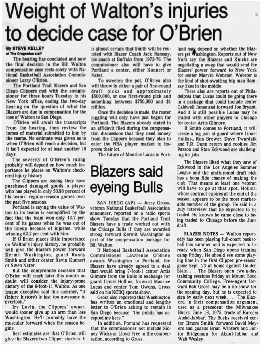 77Blazers's tweet photo. September 11, 1979 - The @trailblazers and #SanDiegoClippers met for a second day with @NBA Commissioner #LarryOBrien to discuss the compensation for the #Clippers signing of FA #BillWalton.
The Blazers have put the value of Walton's services at $20M but have offered to take him back from the Clippers for $1M. They have also reportedly used the trade of @kaj33 from the @Bucks to the @Lakers in 1975, when four players were sent from #LosAngeles to #Milwaukee, as a guideline for the Commissioner to consider.
In addition, the #Blazers deny the rumored trade of the @chicagobulls center #ArtisGilmore coming to #Portland in exchange for #LionelHollins, #MauriceLucas, and #TomOwens. The rumor was first dismissed in June but speculation now is that if Portland does receive #KermitWashington, then Lucas would be on the trading block.
In a side note, @nytimes best selling author #DavidHalberstam said, while at a book signing in Salem, OR., that his next book will be about the #NBA, with concentration on the Blazers coming 1979/80 season.
#RipCity #ThisDateinBlazersHistory