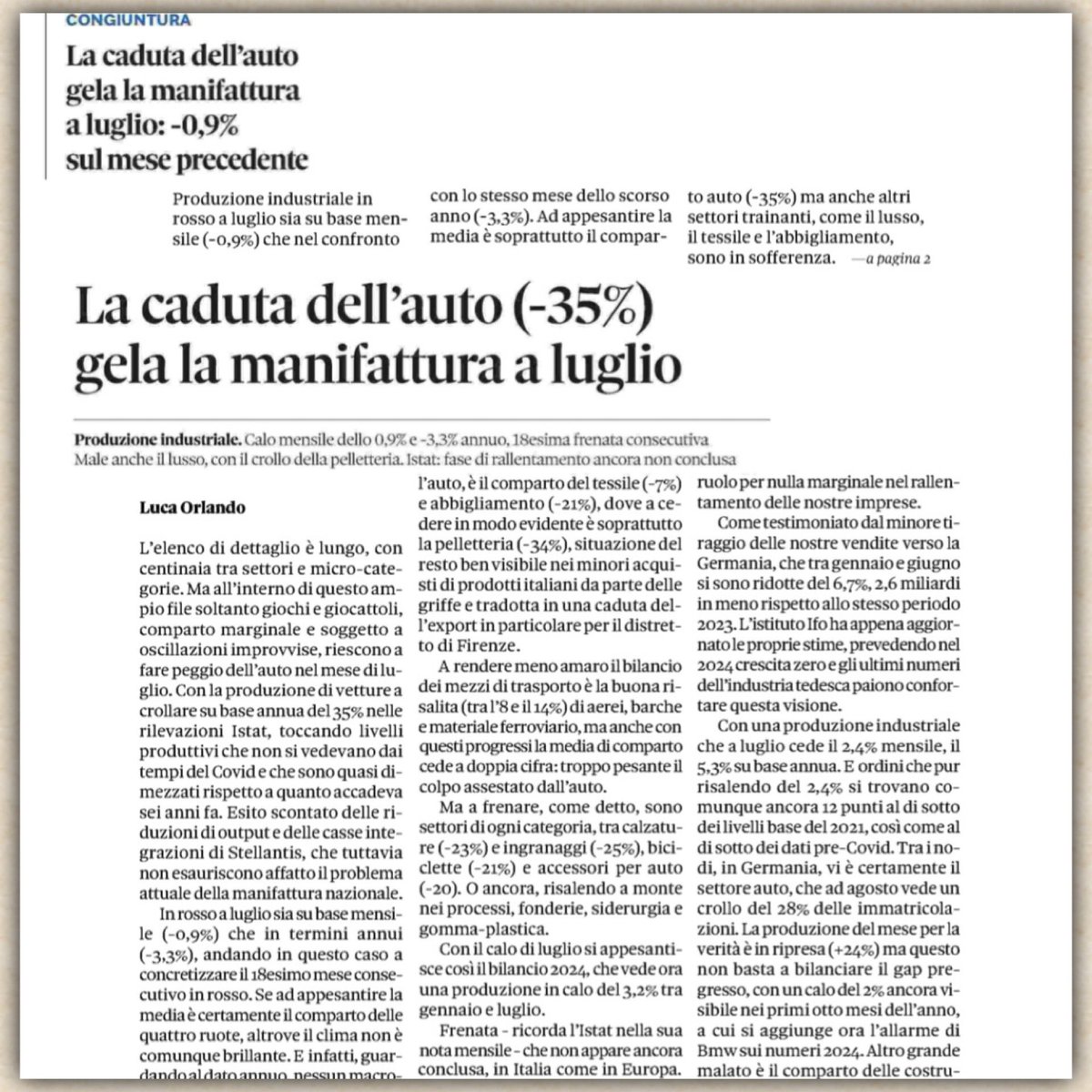 Oggi sul #Sole24Ore

L’auto arretra e il sistema si ferma.

Occorre dare una forte spinta per far ripartire il motore dell’economia.

Le leve son sempre le stesse, dalle politiche industriali alle politiche attive.

Le parole son sempre le stesse, servono nuovi fatti.