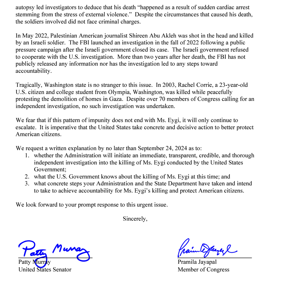 The family &amp; loved ones of Aysenur Ezgi Eygi—the WA state resident killed in the West Bank—deserve to know their government has done everything it can to fully understand what led to her killing &amp; pursue accountability.
 
<a href="/RepJayapal/">Rep. Pramila Jayapal</a> &amp; I are calling on <a href="/POTUS/">President Donald J. Trump</a> for a full, US-led